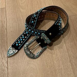 Turquoise Studded Black Leather Belt